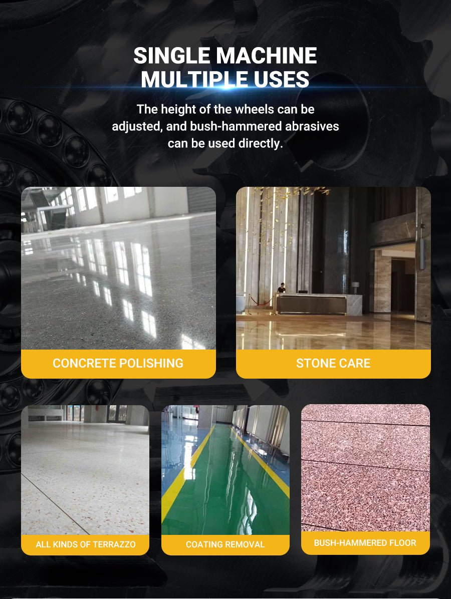 HTG-550 floor grinder front angle

Planetary concrete grinder industrial use

HTG grinder with dust shroud and handles

Concrete floor polishing machine

Three-head floor surface grinder HTG-550