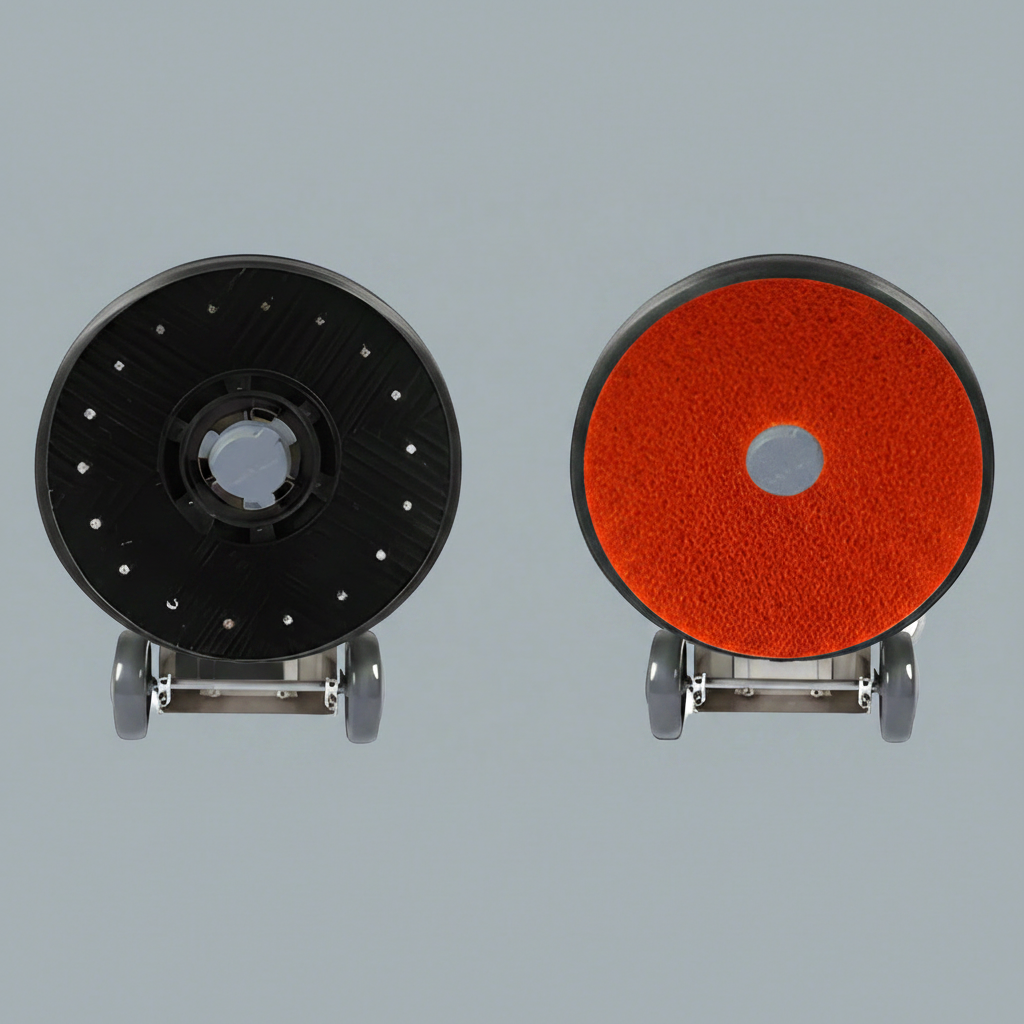 Walk-behind floor cleaning and polishing machine with black pad

Top view of floor buffer with integrated water tank

Aluminum pad drive for commercial polisher

Control panel and handle for walk-behind operation

Cleaning accessories included with machine