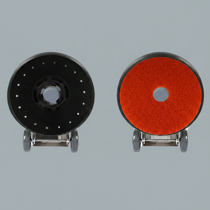 Walk-behind floor cleaning and polishing machine with black pad

Top view of floor buffer with integrated water tank

Aluminum pad drive for commercial polisher

Control panel and handle for walk-behind operation

Cleaning accessories included with machine