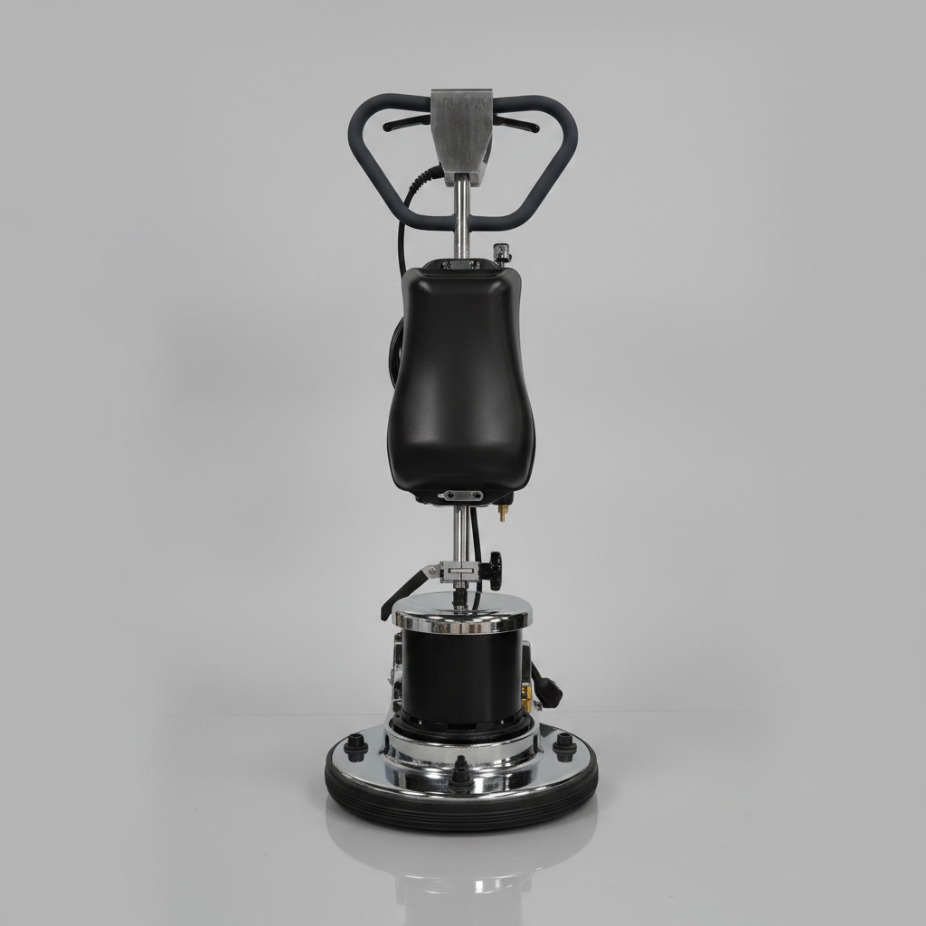 Walk-behind floor cleaning and polishing machine with black pad

Top view of floor buffer with integrated water tank

Aluminum pad drive for commercial polisher

Control panel and handle for walk-behind operation

Cleaning accessories included with machine