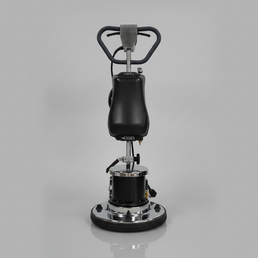 Walk-behind floor cleaning and polishing machine with black pad

Top view of floor buffer with integrated water tank

Aluminum pad drive for commercial polisher

Control panel and handle for walk-behind operation

Cleaning accessories included with machine