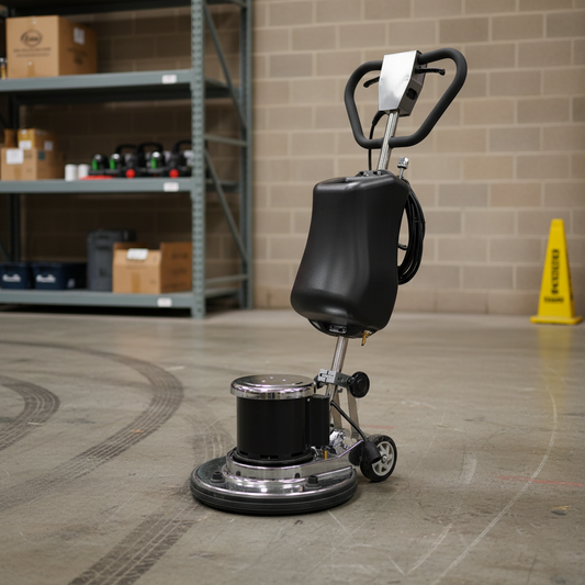 Walk-behind floor cleaning and polishing machine with black pad

Top view of floor buffer with integrated water tank

Aluminum pad drive for commercial polisher

Control panel and handle for walk-behind operation

Cleaning accessories included with machine