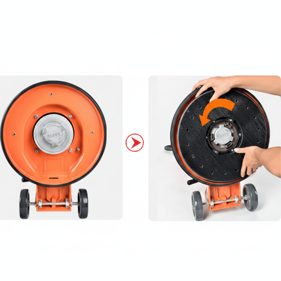 Walk-behind floor cleaning and polishing machine with black pad

Top view of floor buffer with integrated water tank

Aluminum pad drive for commercial polisher

Control panel and handle for walk-behind operation

Cleaning accessories included with machine