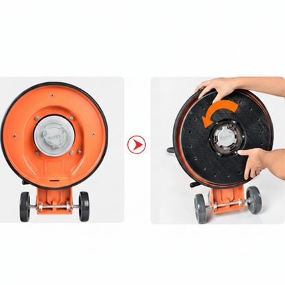 Walk-behind floor cleaning and polishing machine with black pad

Top view of floor buffer with integrated water tank

Aluminum pad drive for commercial polisher

Control panel and handle for walk-behind operation

Cleaning accessories included with machine