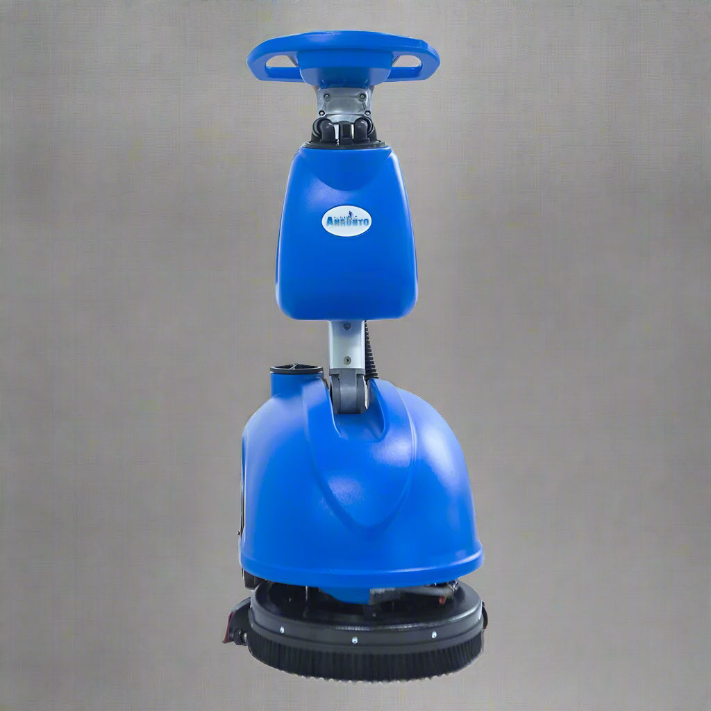 Commercial blue walk-behind floor scrubber cleaner full view

Floor cleaning machine with large water tanks and vacuum motor

Ergonomic industrial floor scrubber with 450mm disk brush

Side view of walk-behind floor scrubber for schools and facilities

Rear water tank and handle view of commercial scrubber