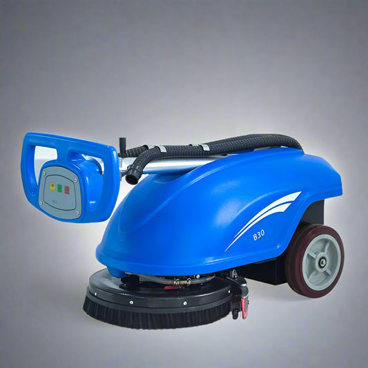 Commercial blue walk-behind floor scrubber cleaner full view
Floor cleaning machine with large water tanks and vacuum motor
Ergonomic industrial floor scrubber with 450mm disk brush
Side view of walk-behind floor scrubber for schools and facilities
Rear water tank and handle view of commercial scrubber