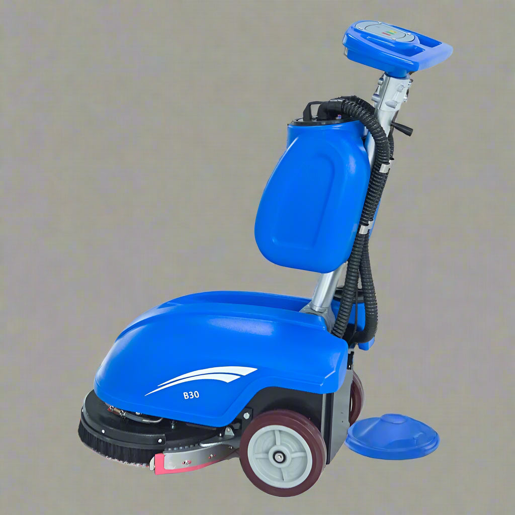 Commercial blue walk-behind floor scrubber cleaner full view

Floor cleaning machine with large water tanks and vacuum motor

Ergonomic industrial floor scrubber with 450mm disk brush

Side view of walk-behind floor scrubber for schools and facilities

Rear water tank and handle view of commercial scrubber