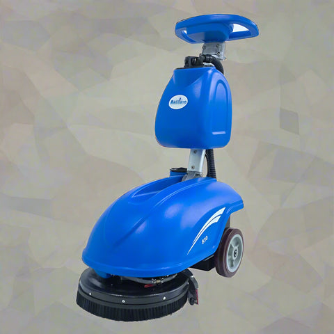 Commercial blue walk-behind floor scrubber cleaner full view

Floor cleaning machine with large water tanks and vacuum motor

Ergonomic industrial floor scrubber with 450mm disk brush

Side view of walk-behind floor scrubber for schools and facilities

Rear water tank and handle view of commercial scrubber