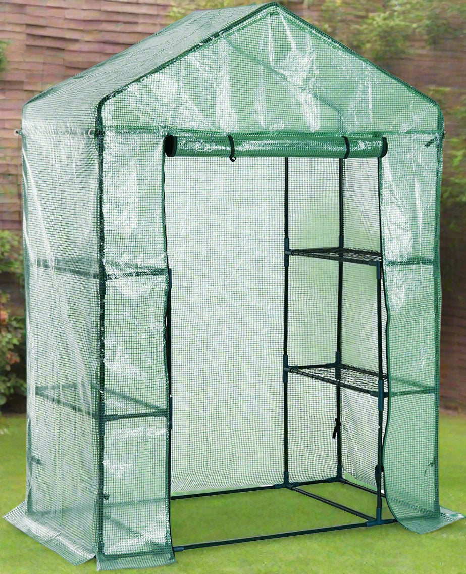 Walk-in roll-up greenhouse with zippered front door
Outdoor greenhouse with wired shelves and green PE cover
Garden greenhouse for patio and balcony setups
Roll-up front entry greenhouse shown outdoors
Compact greenhouse model GC3232 with sturdy shelves
Indoor/outdoor mini greenhouse with UV-resistant cover