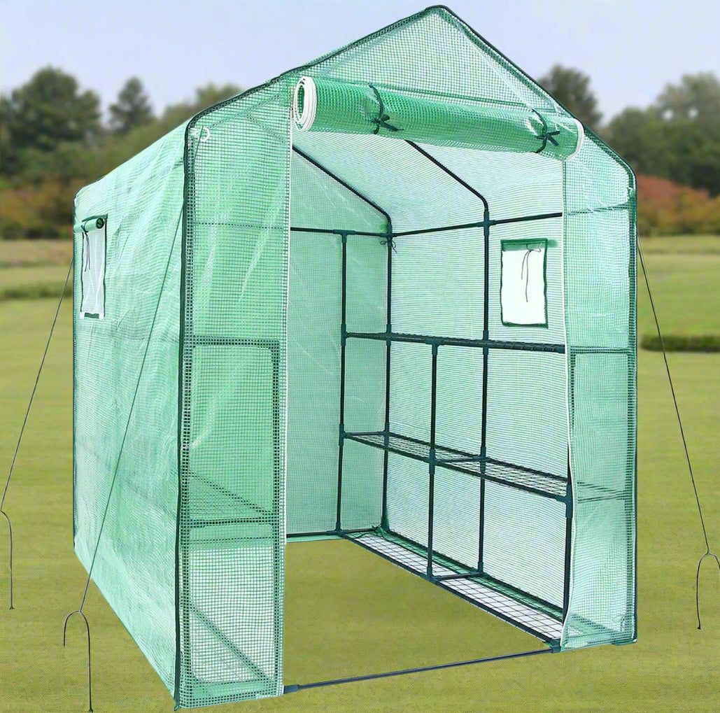 Walk-in roll-up greenhouse with zippered front door
Outdoor greenhouse with wired shelves and green PE cover
Garden greenhouse for patio and balcony setups
Roll-up front entry greenhouse shown outdoors
Compact greenhouse model GC3232 with sturdy shelves
Indoor/outdoor mini greenhouse with UV-resistant cover