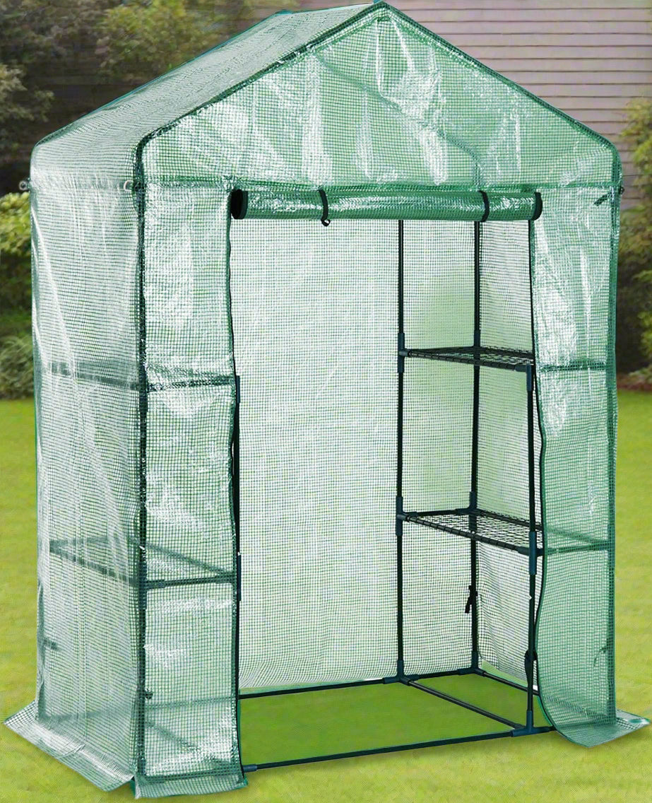 Walk-in roll-up greenhouse with zippered front door
Outdoor greenhouse with wired shelves and green PE cover
Garden greenhouse for patio and balcony setups
Roll-up front entry greenhouse shown outdoors
Compact greenhouse model GC3232 with sturdy shelves
Indoor/outdoor mini greenhouse with UV-resistant cover