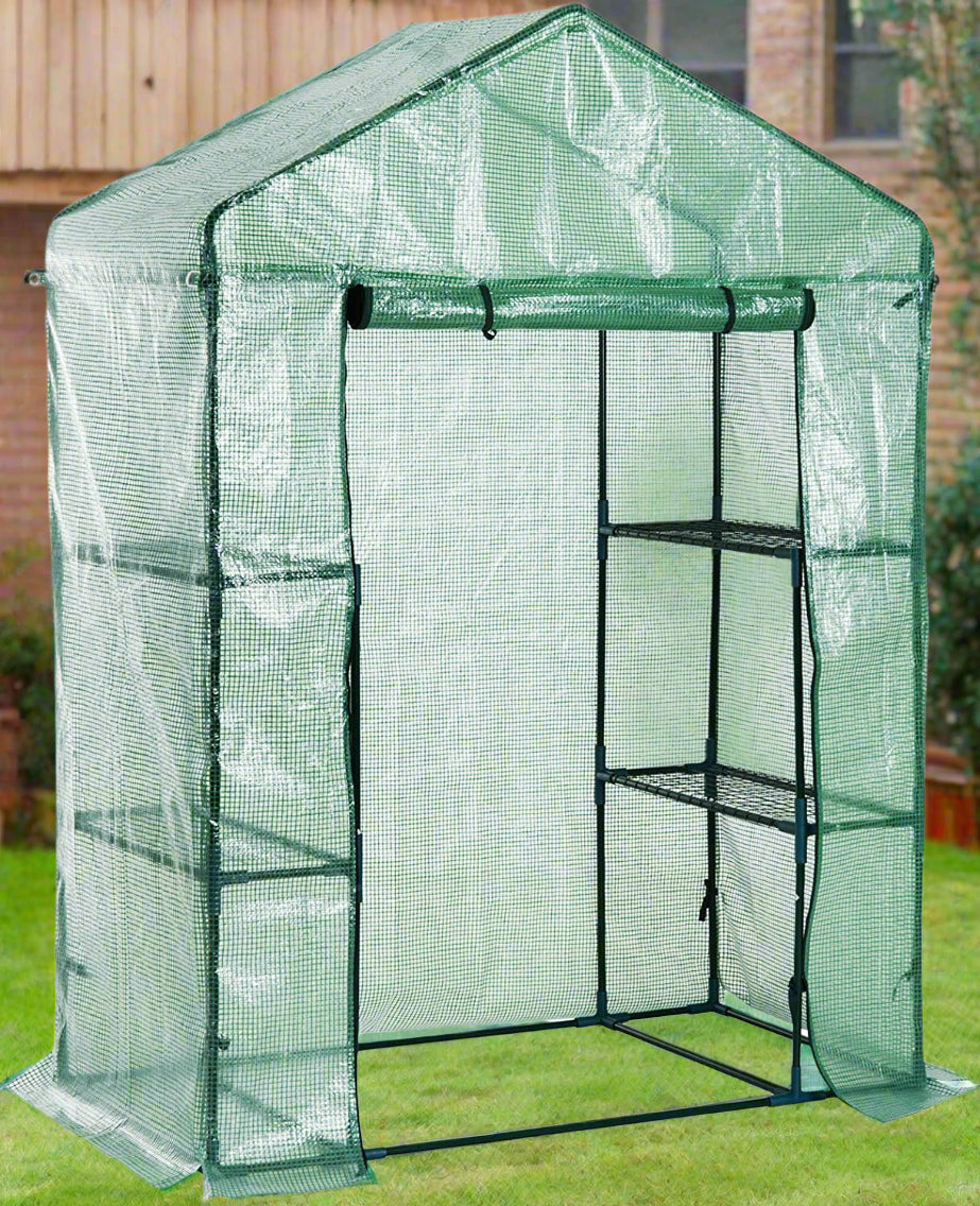 Walk-in roll-up greenhouse with zippered front door
Outdoor greenhouse with wired shelves and green PE cover
Garden greenhouse for patio and balcony setups
Roll-up front entry greenhouse shown outdoors
Compact greenhouse model GC3232 with sturdy shelves
Indoor/outdoor mini greenhouse with UV-resistant cover