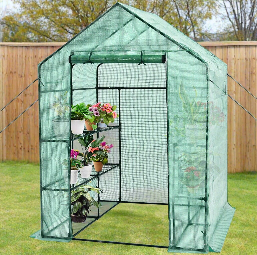 Walk-in roll-up greenhouse with zippered front door
Outdoor greenhouse with wired shelves and green PE cover
Garden greenhouse for patio and balcony setups
Roll-up front entry greenhouse shown outdoors
Compact greenhouse model GC3232 with sturdy shelves
Indoor/outdoor mini greenhouse with UV-resistant cover