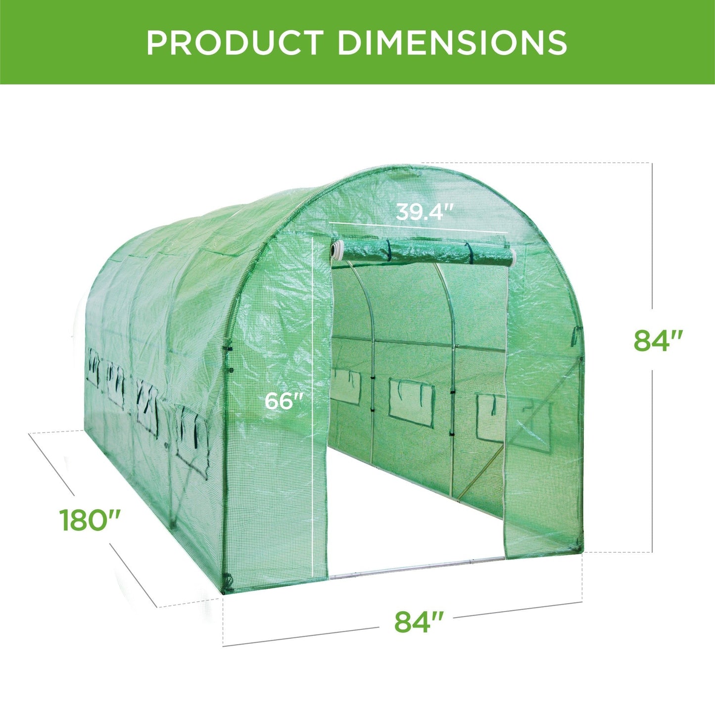 Walk-in dome greenhouse in backyard garden – 20x10x7 size

Peak roof tunnel greenhouse with open flap – front angle

Side view of large greenhouse with roll-up windows

Walk-in greenhouse with anchoring on grass lawn

All-weather plastic greenhouse with steel frame