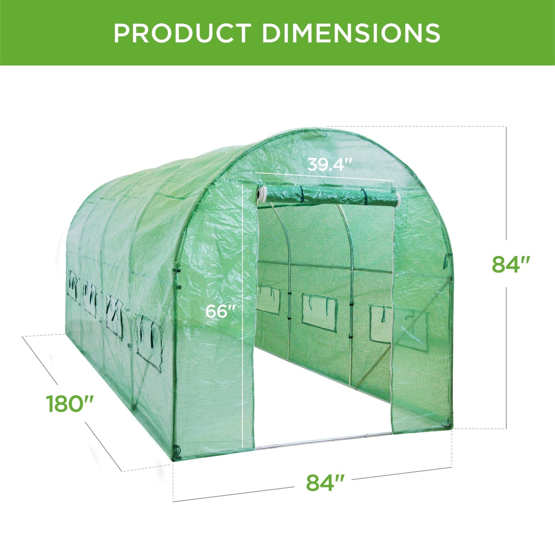 Walk-in dome greenhouse in backyard garden – 20x10x7 size

Peak roof tunnel greenhouse with open flap – front angle

Side view of large greenhouse with roll-up windows

Walk-in greenhouse with anchoring on grass lawn

All-weather plastic greenhouse with steel frame