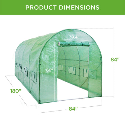 Walk-in dome greenhouse in backyard garden – 20x10x7 size

Peak roof tunnel greenhouse with open flap – front angle

Side view of large greenhouse with roll-up windows

Walk-in greenhouse with anchoring on grass lawn

All-weather plastic greenhouse with steel frame