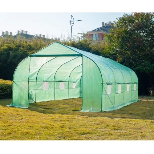 Walk-in dome greenhouse in backyard garden – 20x10x7 size

Peak roof tunnel greenhouse with open flap – front angle

Side view of large greenhouse with roll-up windows

Walk-in greenhouse with anchoring on grass lawn

All-weather plastic greenhouse with steel frame