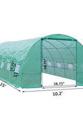 Walk-in dome greenhouse in backyard garden – 20x10x7 size

Peak roof tunnel greenhouse with open flap – front angle

Side view of large greenhouse with roll-up windows

Walk-in greenhouse with anchoring on grass lawn

All-weather plastic greenhouse with steel frame