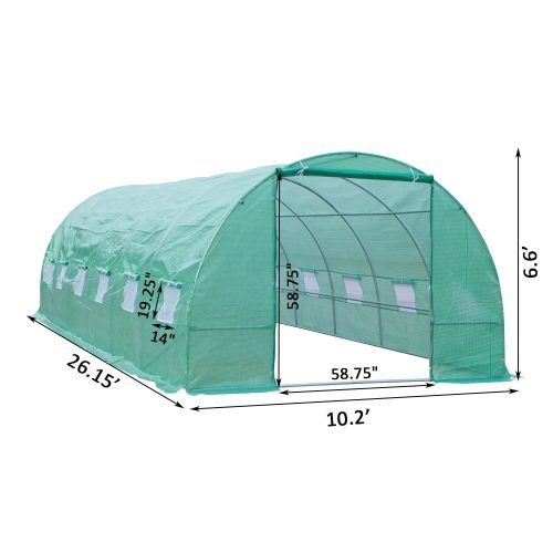Walk-in dome greenhouse in backyard garden – 20x10x7 size

Peak roof tunnel greenhouse with open flap – front angle

Side view of large greenhouse with roll-up windows

Walk-in greenhouse with anchoring on grass lawn

All-weather plastic greenhouse with steel frame