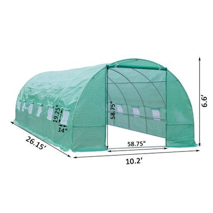 Walk-in dome greenhouse in backyard garden – 20x10x7 size

Peak roof tunnel greenhouse with open flap – front angle

Side view of large greenhouse with roll-up windows

Walk-in greenhouse with anchoring on grass lawn

All-weather plastic greenhouse with steel frame