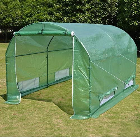 Walk-in dome greenhouse in backyard garden – 20x10x7 size

Peak roof tunnel greenhouse with open flap – front angle

Side view of large greenhouse with roll-up windows

Walk-in greenhouse with anchoring on grass lawn

All-weather plastic greenhouse with steel frame