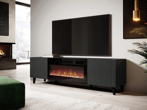 "Modern wall-mounted TV stand with fireplace insert"

"Gloss black and white floating TV unit with LED fireplace"

"31.5-inch electric fireplace built into media console"

"Sleek wall-mounted entertainment unit for 80-inch TV"