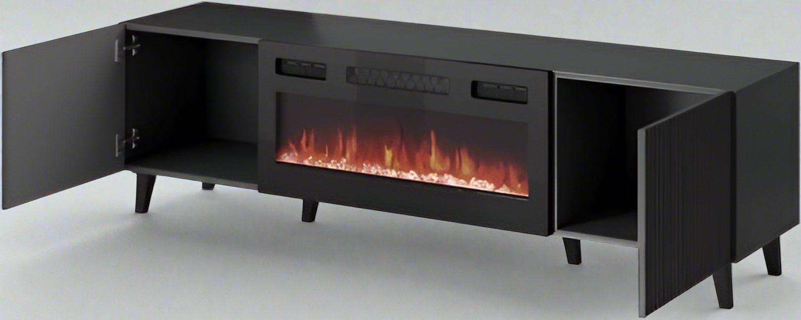 "Modern wall-mounted TV stand with fireplace insert"

"Gloss black and white floating TV unit with LED fireplace"

"31.5-inch electric fireplace built into media console"

"Sleek wall-mounted entertainment unit for 80-inch TV"