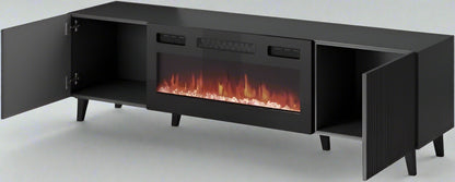 "Modern wall-mounted TV stand with fireplace insert"

"Gloss black and white floating TV unit with LED fireplace"

"31.5-inch electric fireplace built into media console"

"Sleek wall-mounted entertainment unit for 80-inch TV"