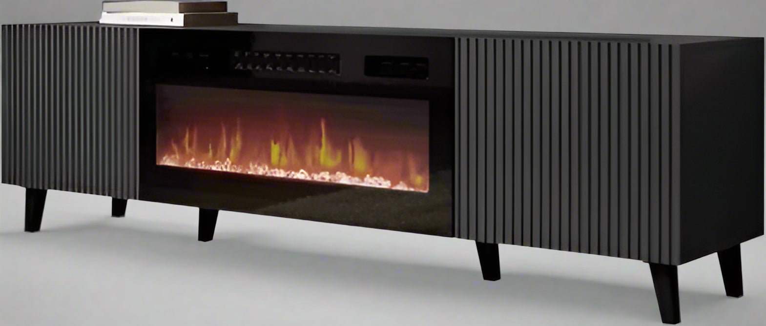 "Modern wall-mounted TV stand with fireplace insert"

"Gloss black and white floating TV unit with LED fireplace"

"31.5-inch electric fireplace built into media console"

"Sleek wall-mounted entertainment unit for 80-inch TV"