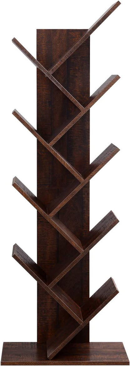 Walnut 8-tier vertical bookshelf with tree-like design

Angled Close-Up: Close-up view of wooden shelf layers and grain texture

Full Shelf with Books: Bookcase filled with books in a home setting

Shelf in Living Room: Walnut bookcase placed in a modern living room

Shelf in Bedroom: Compact wooden bookcase next to bed and décor items