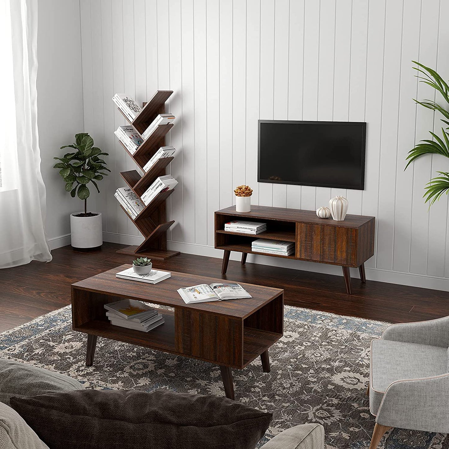 Walnut 8-tier vertical bookshelf with tree-like design

Angled Close-Up: Close-up view of wooden shelf layers and grain texture

Full Shelf with Books: Bookcase filled with books in a home setting

Shelf in Living Room: Walnut bookcase placed in a modern living room

Shelf in Bedroom: Compact wooden bookcase next to bed and décor items