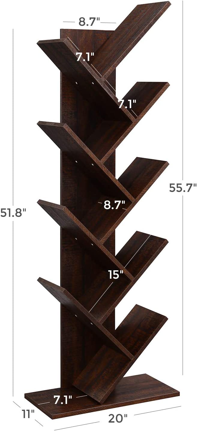 Walnut 8-tier vertical bookshelf with tree-like design

Angled Close-Up: Close-up view of wooden shelf layers and grain texture

Full Shelf with Books: Bookcase filled with books in a home setting

Shelf in Living Room: Walnut bookcase placed in a modern living room

Shelf in Bedroom: Compact wooden bookcase next to bed and décor items
