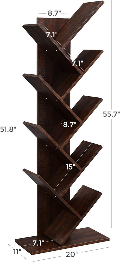 Walnut 8-tier vertical bookshelf with tree-like design

Angled Close-Up: Close-up view of wooden shelf layers and grain texture

Full Shelf with Books: Bookcase filled with books in a home setting

Shelf in Living Room: Walnut bookcase placed in a modern living room

Shelf in Bedroom: Compact wooden bookcase next to bed and décor items
