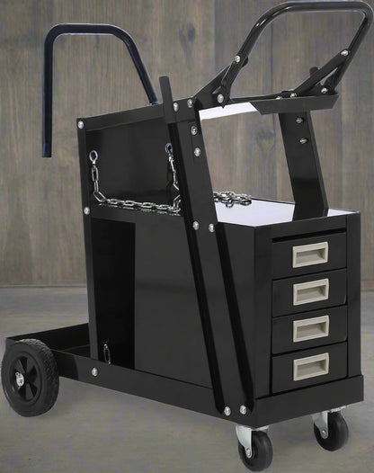 Heavy-duty 4-drawer welding cart for MIG welder and plasma cutter
Welding tool trolley with black steel frame and cylinder holders
Portable welding storage cart with lockable drawers
Industrial welder cart with drawer compartments and wheels