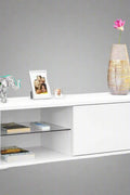 "Modern white TV stand with tempered glass shelf and high-gloss finish for minimalist living rooms"