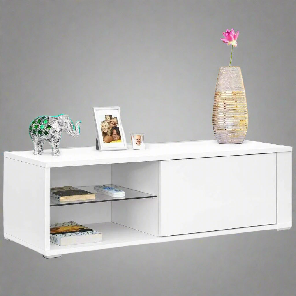 "Modern white TV stand with tempered glass shelf and high-gloss finish for minimalist living rooms"