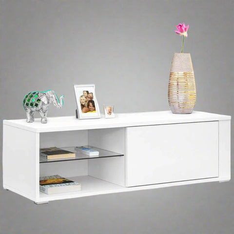 "Modern white TV stand with tempered glass shelf and high-gloss finish for minimalist living rooms"