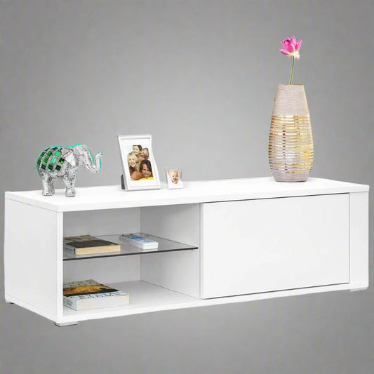 "Modern white TV stand with tempered glass shelf and high-gloss finish for minimalist living rooms"
