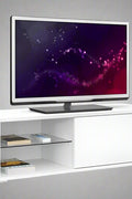 "Modern white TV stand with tempered glass shelf and high-gloss finish for minimalist living rooms"