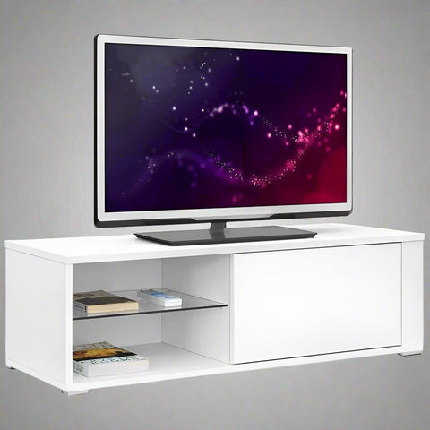 "Modern white TV stand with tempered glass shelf and high-gloss finish for minimalist living rooms"
