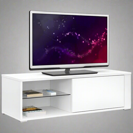 "Modern white TV stand with tempered glass shelf and high-gloss finish for minimalist living rooms"