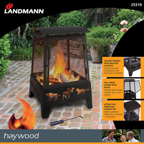 New Wildlife Theme Square Firepit with Tall Spark Guard & Poker – Steel Outdoor Fireplace | SKU: XY0611 - with | Sold by Uncle Wiener's Wholesale