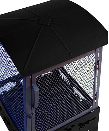 New Wildlife Theme Square Firepit with Tall Spark Guard & Poker – Steel Outdoor Fireplace | SKU: XY0611 - with | Sold by Uncle Wiener's Wholesale