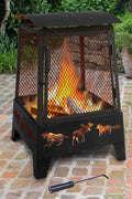 New Wildlife Theme Square Firepit with Tall Spark Guard & Poker – Steel Outdoor Fireplace | SKU: XY0611 - with | Sold by Uncle Wiener's Wholesale