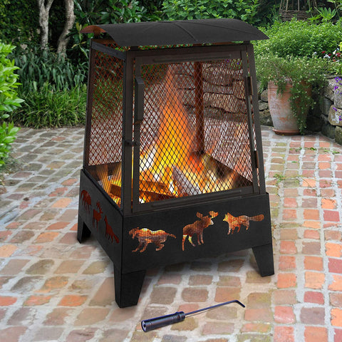 New Wildlife Theme Square Firepit with Tall Spark Guard & Poker – Steel Outdoor Fireplace | SKU: XY0611 - with | Sold by Uncle Wiener's Wholesale