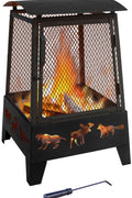 New Wildlife Theme Square Firepit with Tall Spark Guard & Poker – Steel Outdoor Fireplace | SKU: XY0611 - with | Sold by Uncle Wiener's Wholesale