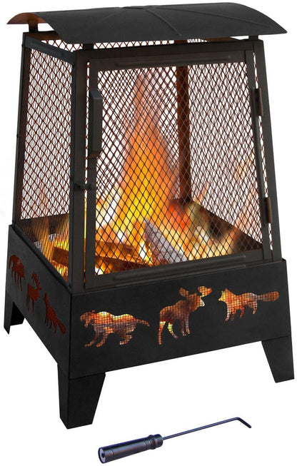 New Wildlife Theme Square Firepit with Tall Spark Guard & Poker – Steel Outdoor Fireplace | SKU: XY0611 - with | Sold by Uncle Wiener's Wholesale