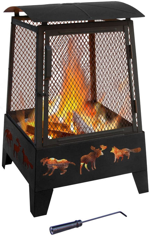 New Wildlife Theme Square Firepit with Tall Spark Guard & Poker – Steel Outdoor Fireplace | SKU: XY0611 - with | Sold by Uncle Wiener's Wholesale