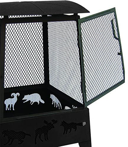 New Wildlife Theme Square Firepit with Tall Spark Guard & Poker – Steel Outdoor Fireplace | SKU: XY0611 - with | Sold by Uncle Wiener's Wholesale