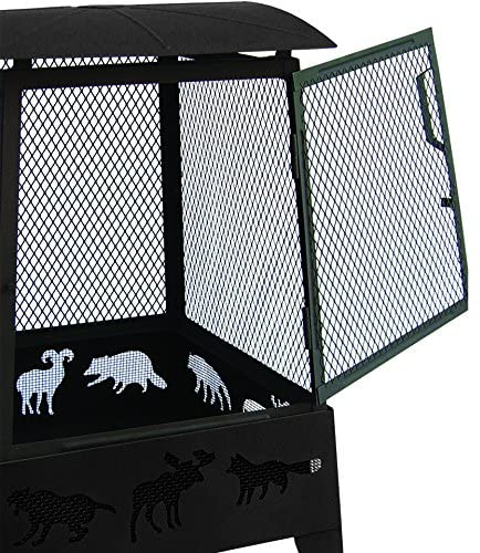 New Wildlife Theme Square Firepit with Tall Spark Guard & Poker – Steel Outdoor Fireplace | SKU: XY0611 - with | Sold by Uncle Wiener's Wholesale